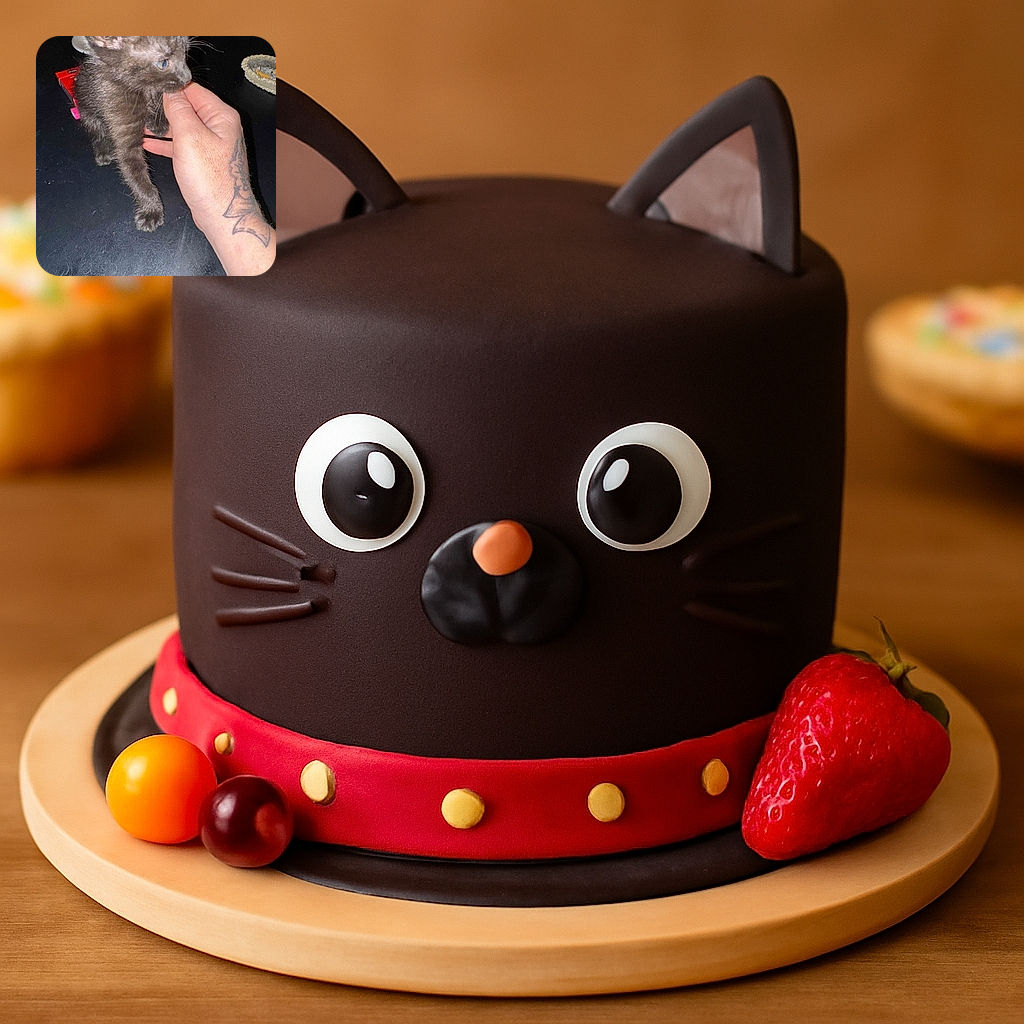 A tiny black kitten playfully nibbling on a tattooed hand's finger, set against a dark surface with an ashtray and a red box in the background. The kitten's fur shines under the light, and its curious eyes are focused on the finger.