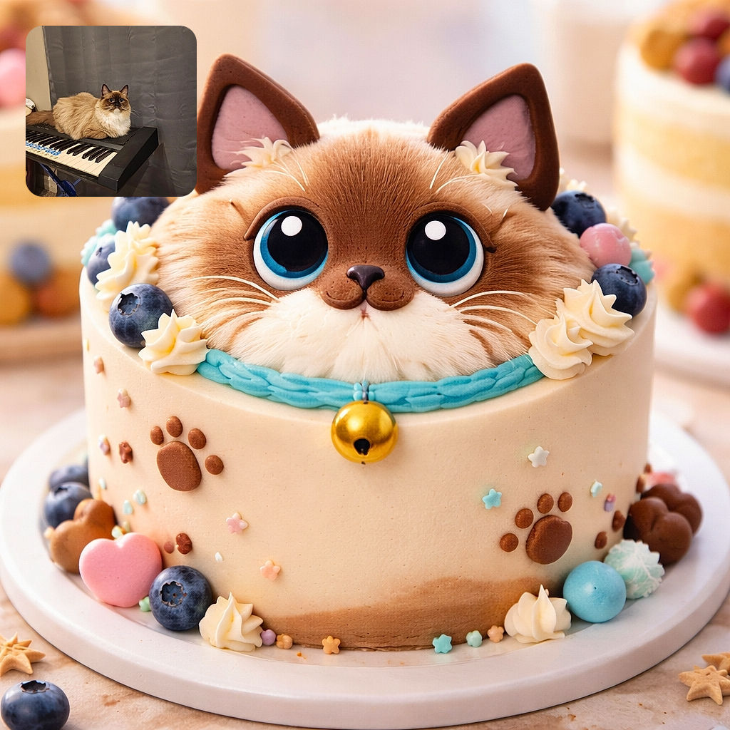 A fluffy, wide-eyed cat has claimed the keyboard as its throne — sitting like a serious composer mid-concerto while the curtain provides a dramatic backdrop. It looks ready to drop a purr-worthy hit single or demand treats between takes.