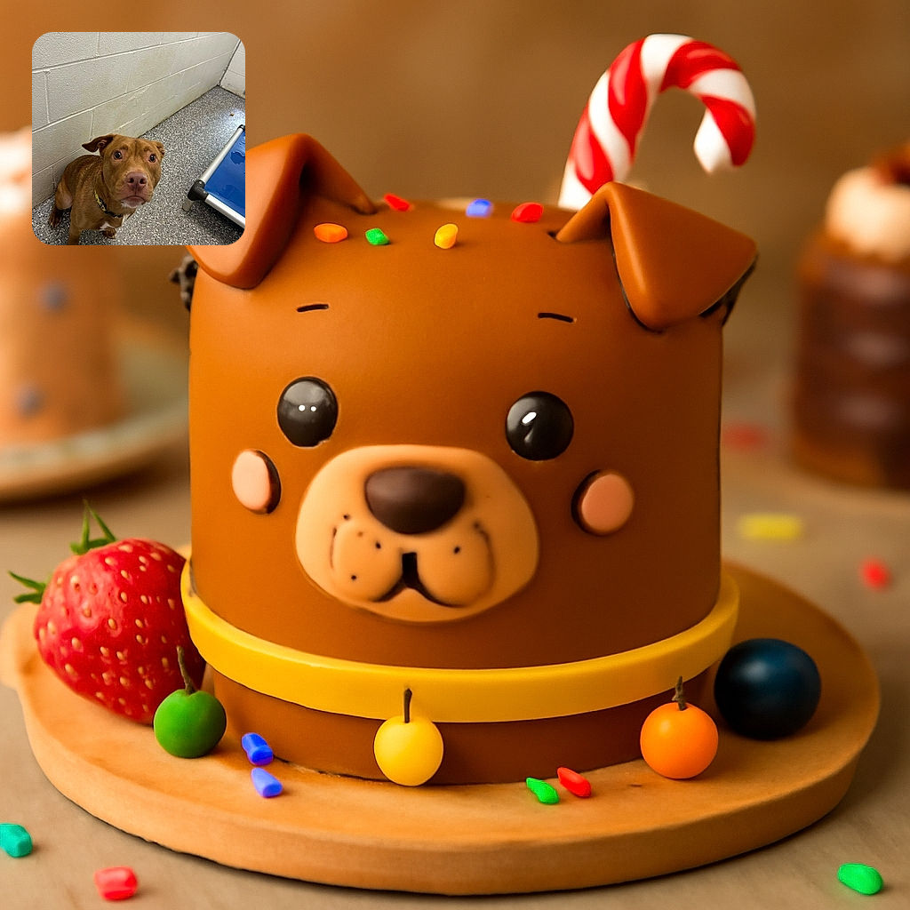 A brown dog with a curious and slightly worried expression sits on a speckled floor next to a blue elevated pet bed in a plain room with white brick walls.