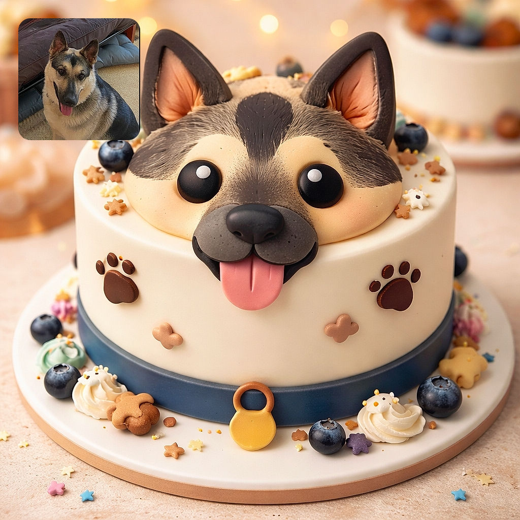 A big floofy German Shepherd leans in with tongue lolling and puppy-dog eyes, sitting by a couch and cushions like it owns the place — 100% ready for pets and treats.
