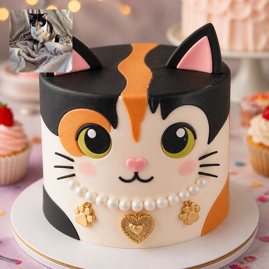 A stylish calico cat sits proudly in a luxurious fleece blanket fort, wearing a necklace like a tiny monarch who has just summoned the royal snuggle staff. The warm light and cozy textures make the scene feel soft, calm, and delightfully regal.