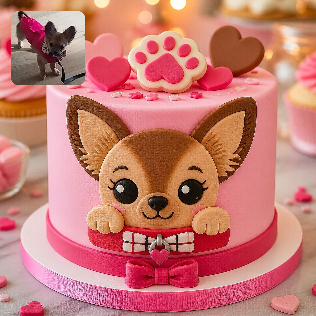 A tiny dog in a bright pink outfit stares at the camera like a fashionable little gremlin who has just been caught plotting a leash escape. The pup is standing on a light wooden floor, with social-media interface elements surrounding the original video.