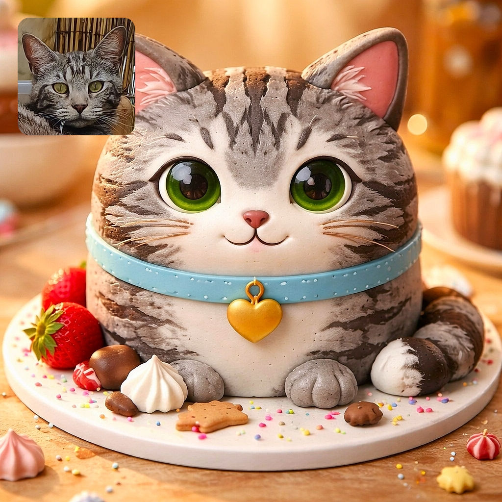 A close-up of a tabby cat's face with striking green eyes, detailed fur patterns, and a curious expression, set against a background of wooden sticks and a beige wall.