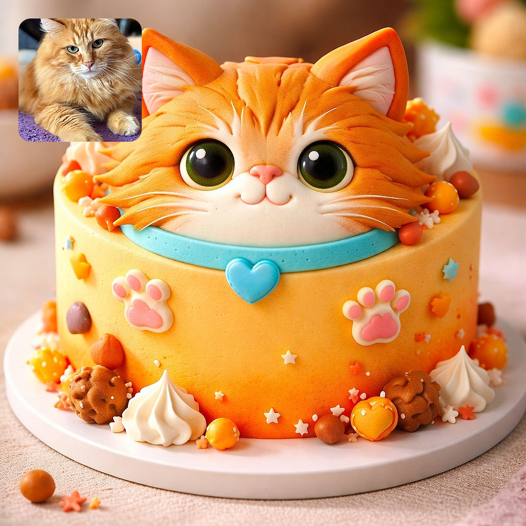 A majestic fluffy orange cat lounges on a textured purple surface, giving the camera a calm and slightly curious stare with its striking green eyes and soft fur glowing under gentle light.