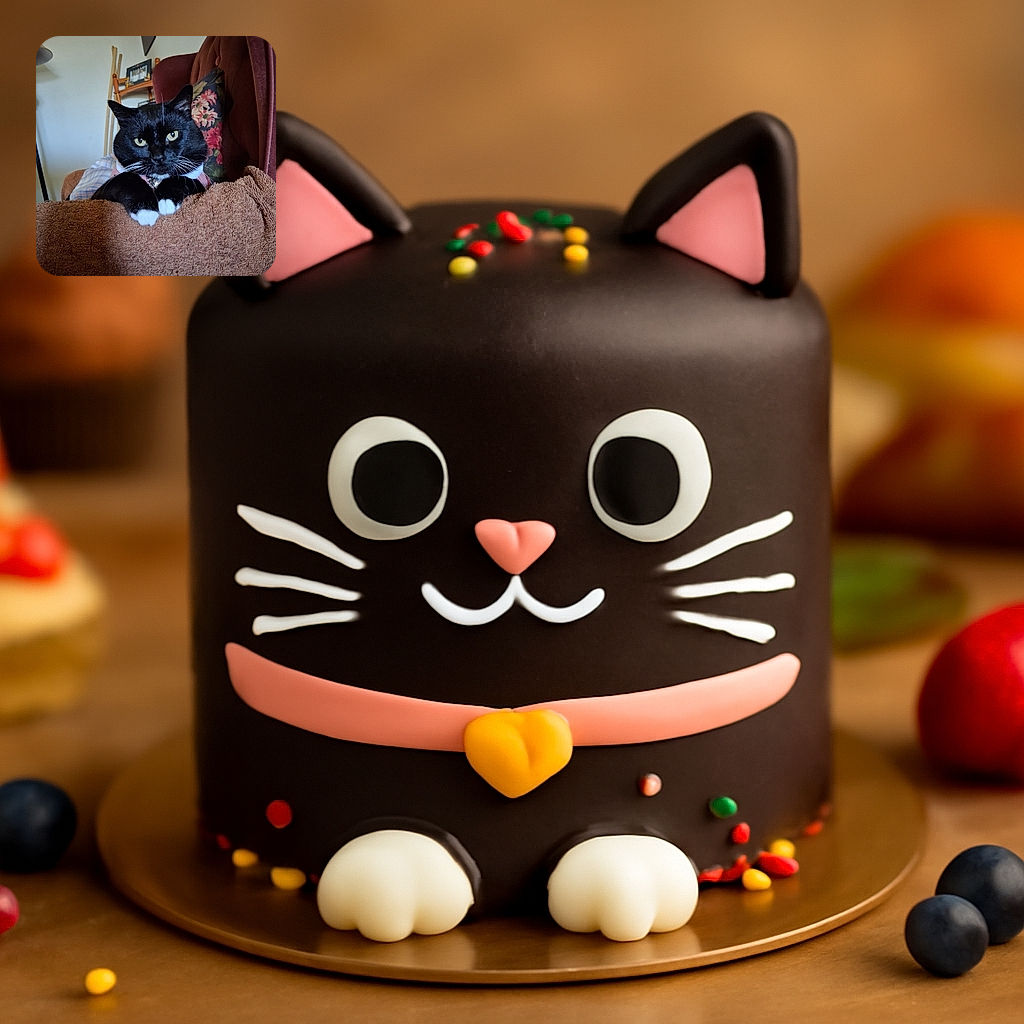 A charming tuxedo cat lounges on a cozy brown towel draped over a plush chair, looking directly at the camera with curious, bright eyes. The background features a floral pillow and some household items, adding a homey touch to the scene.
