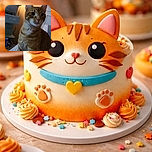 A curious orange tabby cat sits upright on a bed, looking slightly off camera with a calm expression. The cozy background features a softly lit nightstand with a lamp, some framed pictures on the wall, and a slightly open drawer, creating a warm, homely atmosphere.