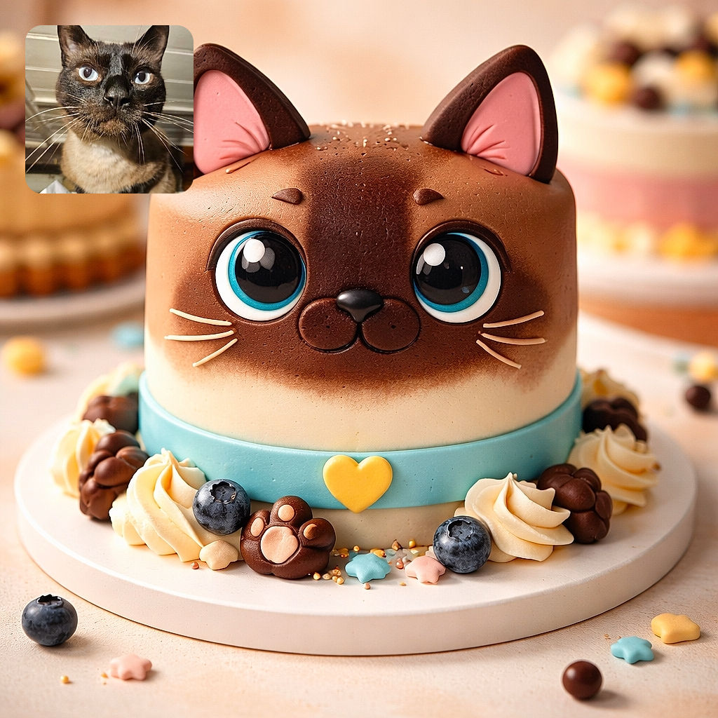 A close-up photo of a curious Siamese cat with striking blue eyes and long whiskers, looking directly at the camera with a slightly inquisitive expression. The background is softly blurred, highlighting the cat's detailed facial features and fur texture.