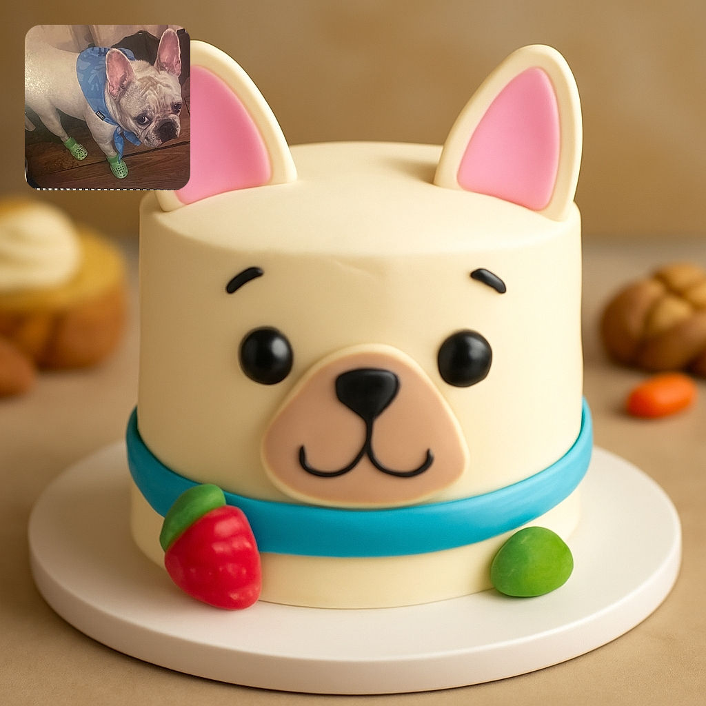A French bulldog wearing a blue bandana and green doggy shoes stands on a wooden floor, giving a side-eye glance that screams both curiosity and mild judgment.
