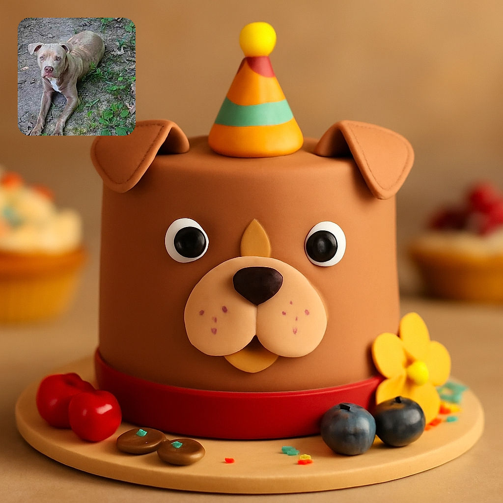 A curious dog with a serious expression lounges on a patch of dirt surrounded by scattered leaves and green plants, as if contemplating the mysteries of the backyard jungle.