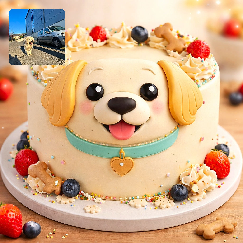 A cheerful golden retriever joyfully trots down a sunny street beside a parked silver car, with a clear blue sky and modern building in the background. The dog's fluffy fur shines in the sunlight, and its tongue playfully hangs out as if it's loving the walk.