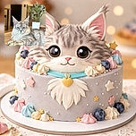 A majestic, fluffy cat lounges elegantly on a wooden surface, looking slightly unimpressed but undeniably regal. In the background, a softly blurred potted plant adds a touch of greenery to the cozy indoor setting.