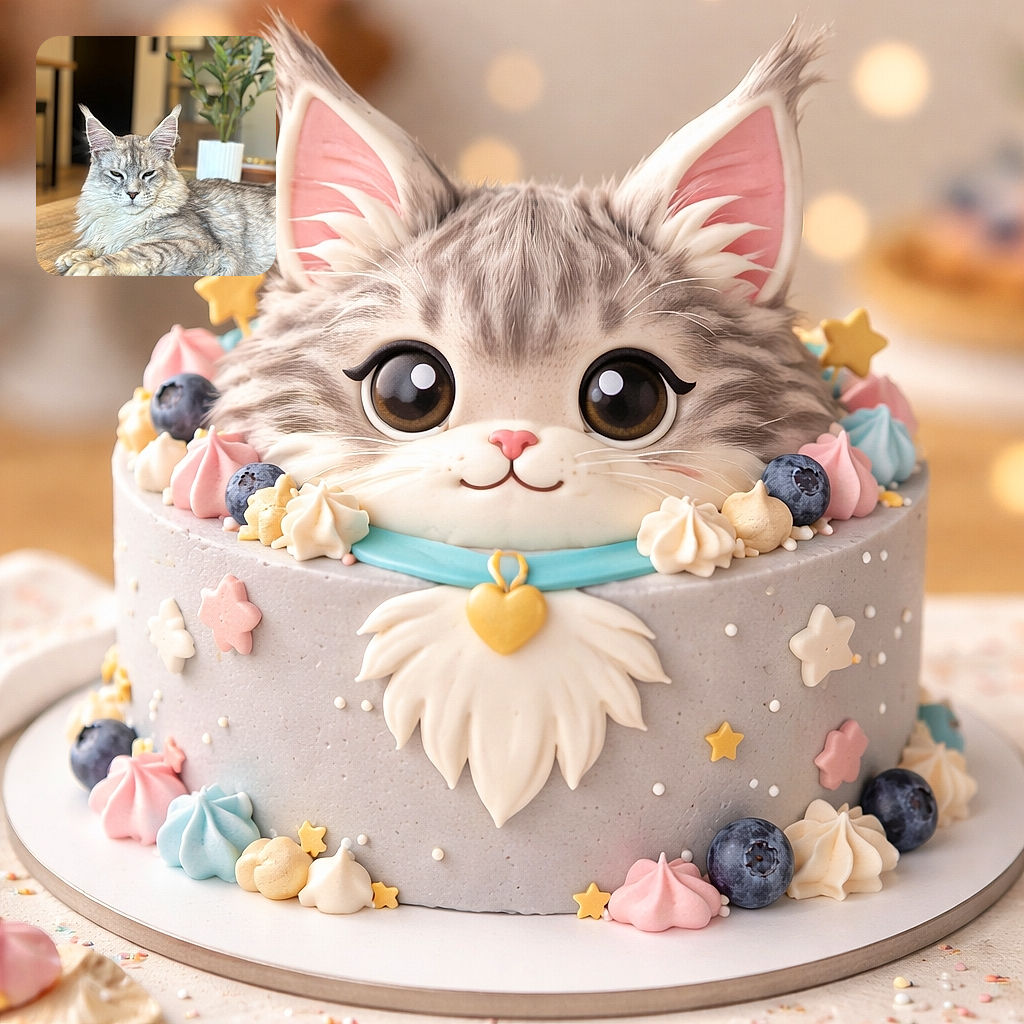 A majestic, fluffy cat lounges elegantly on a wooden surface, looking slightly unimpressed but undeniably regal. In the background, a softly blurred potted plant adds a touch of greenery to the cozy indoor setting.