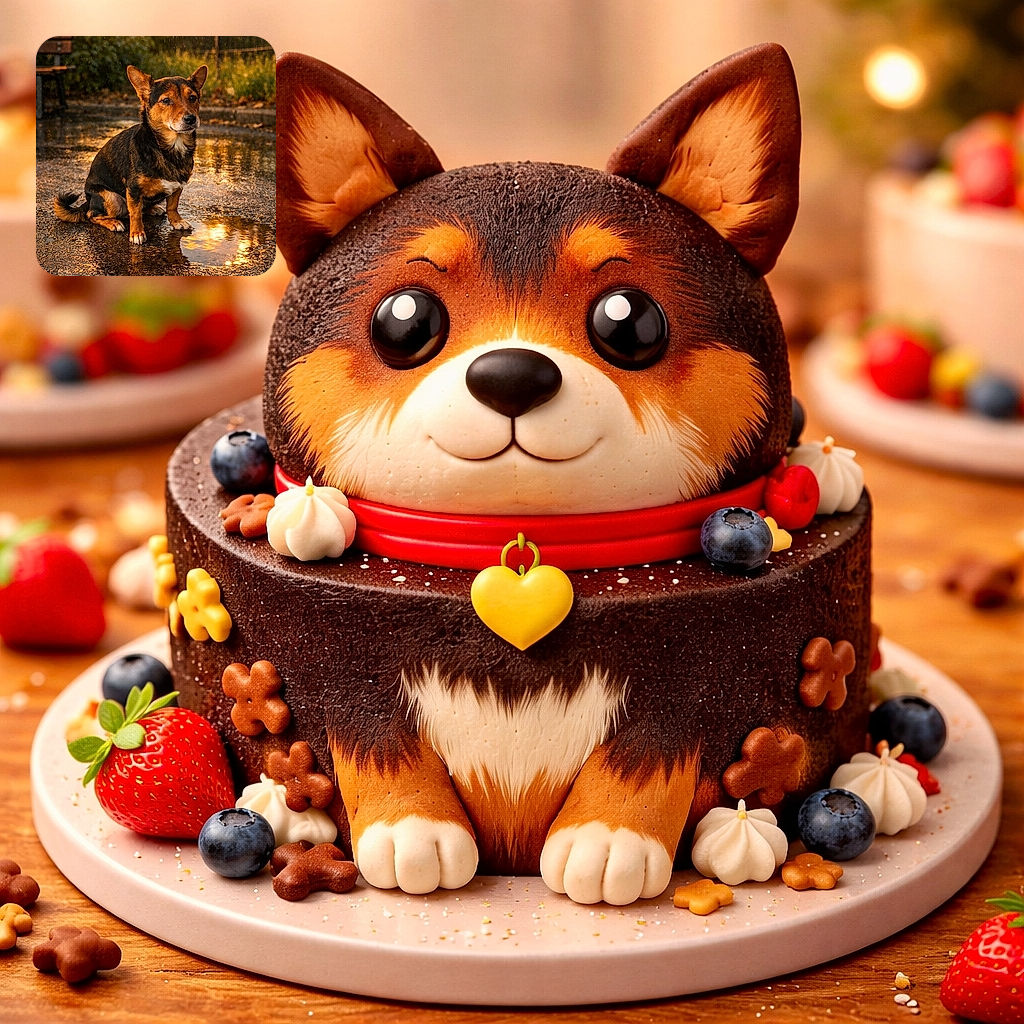 A dignified little dog sits like a rainy-day monarch, ears alert and wet paws planted in a puddle that mirrors the golden sunset — dramatic, adorable, and mildly unimpressed by the weather.