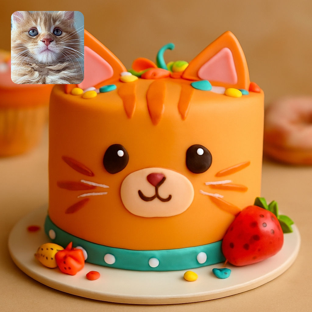 A majestic ginger kitten with fluffy fur and striking blue eyes stares curiously into the camera, its pink nose and long whiskers adding to its adorable charm against a soft blue background.