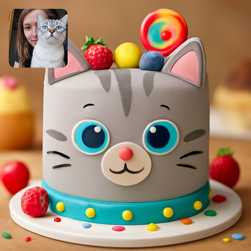 A curious cat with striking blue eyes takes center stage in the photo, sitting confidently in front of a young woman who peeks playfully from behind. The indoor setting is softly lit, highlighting the cat's detailed fur patterns and the woman's warm expression, creating a cozy and charming portrait of friendship.