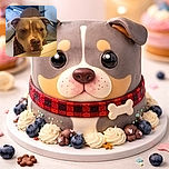 A serious-looking pitbull leans over a ledge as if demanding snacks or an explanation. Close-up of its expressive eyes, big nose and plaid bandana with a cozy bed and tiled floor in the background — equal parts adorable and mildly accusatory.