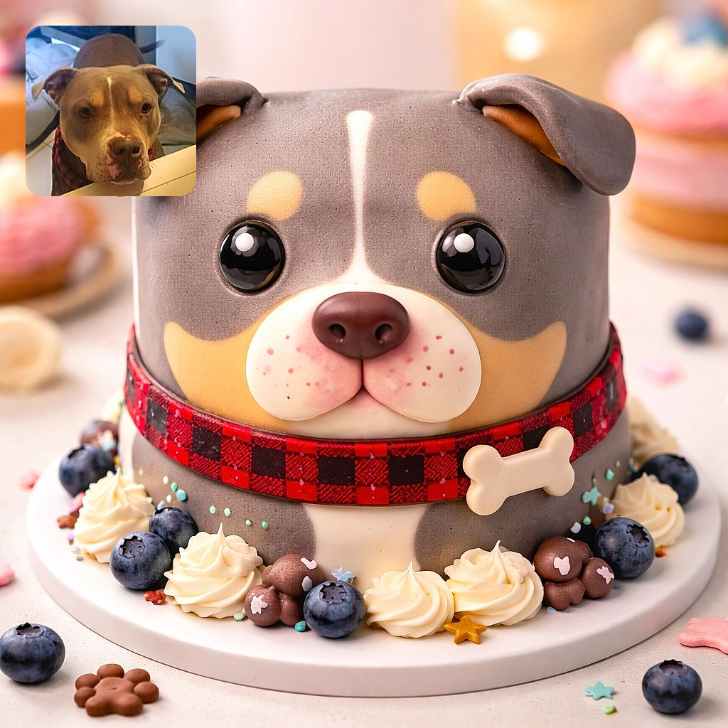 A serious-looking pitbull leans over a ledge as if demanding snacks or an explanation. Close-up of its expressive eyes, big nose and plaid bandana with a cozy bed and tiled floor in the background — equal parts adorable and mildly accusatory.
