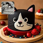 A cute black and white cat lounges lazily on a patterned bedspread, its eyes wide and curious as it gazes toward the camera. The cozy bedroom setting includes a wooden bed frame and a chair in the background, creating a relaxed and homey atmosphere.