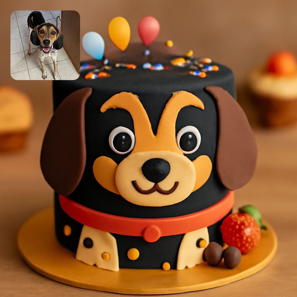 A happy, attentive dog with big floppy ears and a spotted coat stands on a tiled floor looking up with bright, eager eyes and a wide smile, as if ready for a game or a treat.