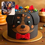 A dapper dachshund puppy sporting a charming red plaid bow tie, standing proudly on a wooden surface with a soft beige background, looking as if ready to attend a fancy doggy gala.