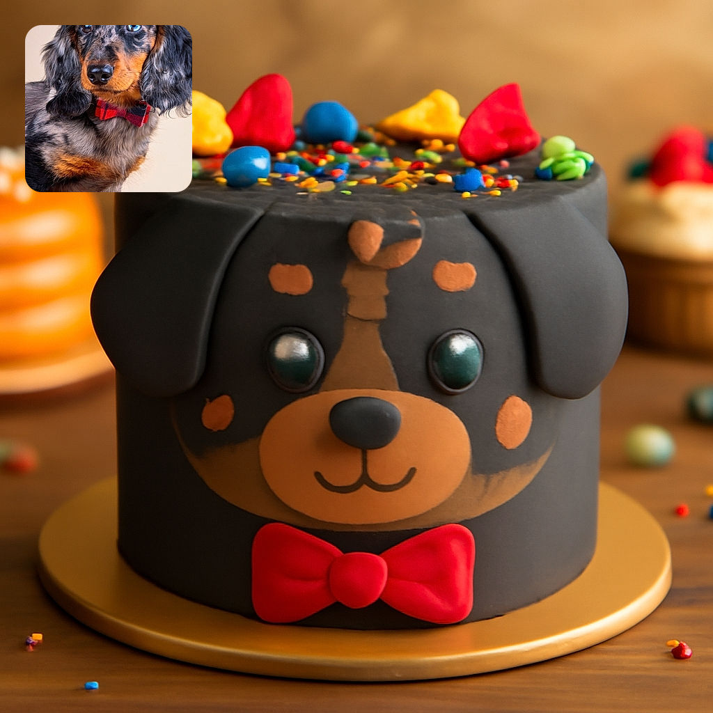 A dapper dachshund puppy sporting a charming red plaid bow tie, standing proudly on a wooden surface with a soft beige background, looking as if ready to attend a fancy doggy gala.