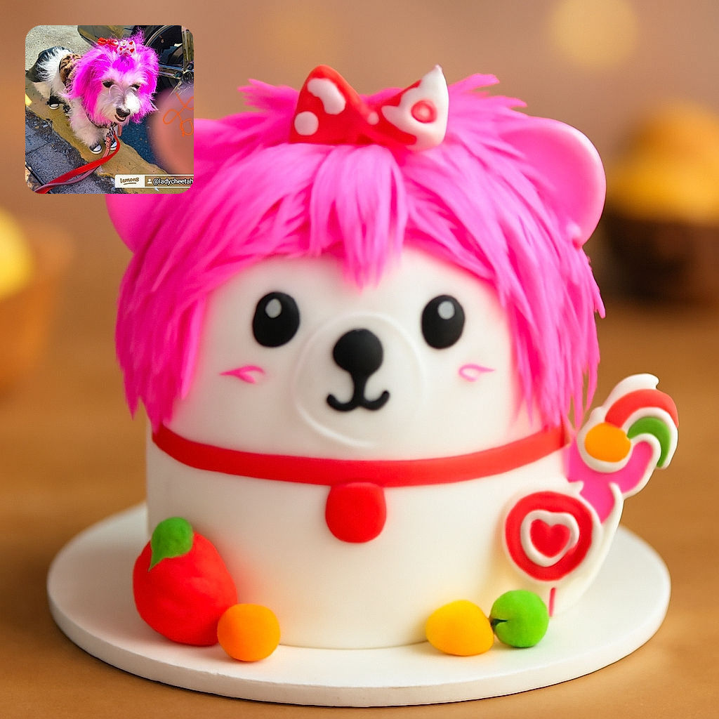 A small dog with a bright pink dyed mane and a cute bow on its head is standing on a sidewalk next to a car tire. The dog is dressed in a leopard print outfit and tiny shoes, looking ready for a fashion show. A finger partially obscures the bottom right corner, and there's a watermark and username overlay on the photo.