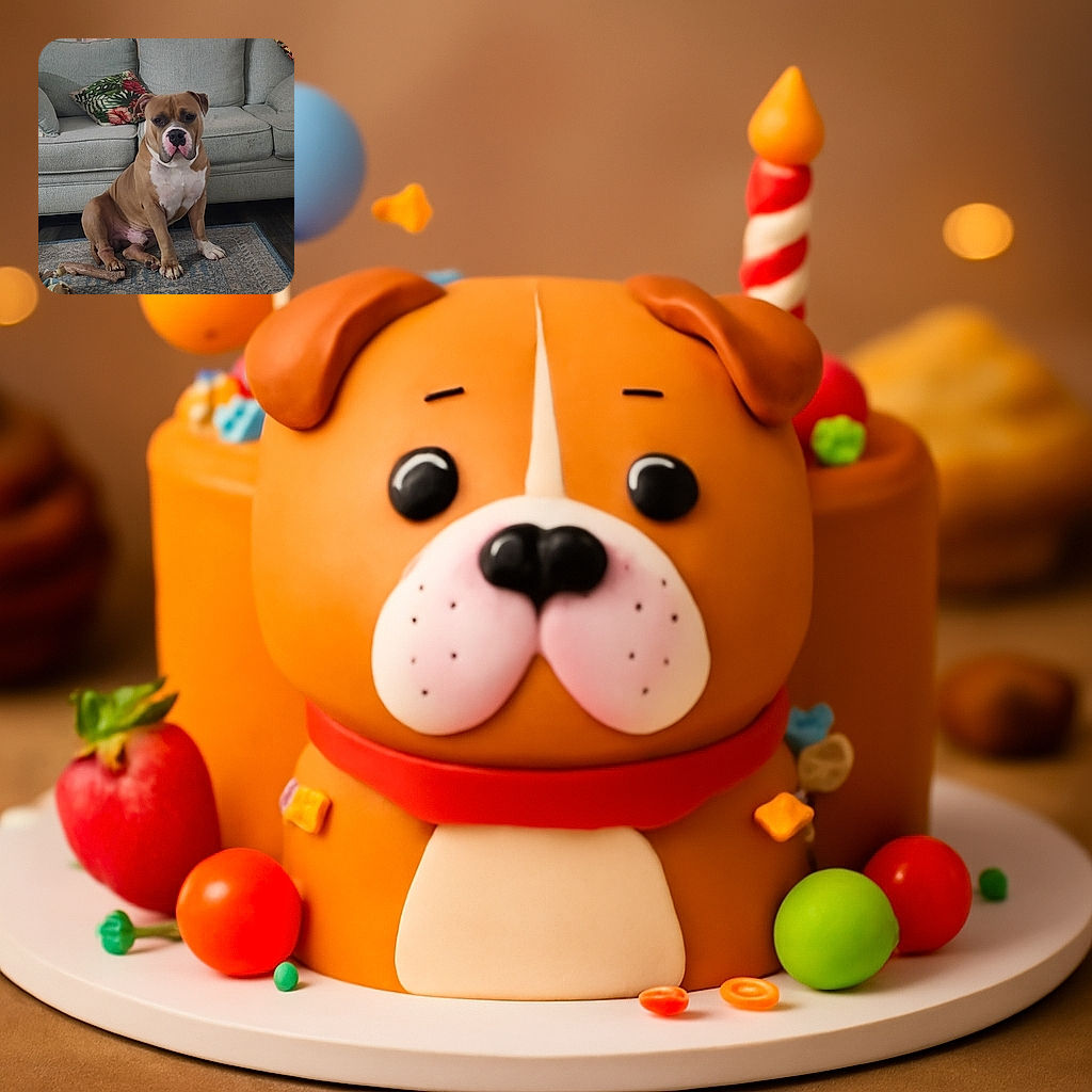 A sturdy brown and white dog sits patiently on a patterned rug in front of a gray couch adorned with a colorful floral pillow. The cozy living room setting includes a couple of dog toys scattered on the floor, highlighting a relaxed and homely vibe.