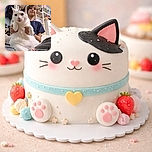 A young child holds a large white cat with black markings close to the camera, making the cat appear comically oversized. The background shows a cozy room with shelves filled with books and various items, adding a homey touch to the scene. The cat looks calm and curious, while the child smiles gently, capturing a sweet moment of companionship.