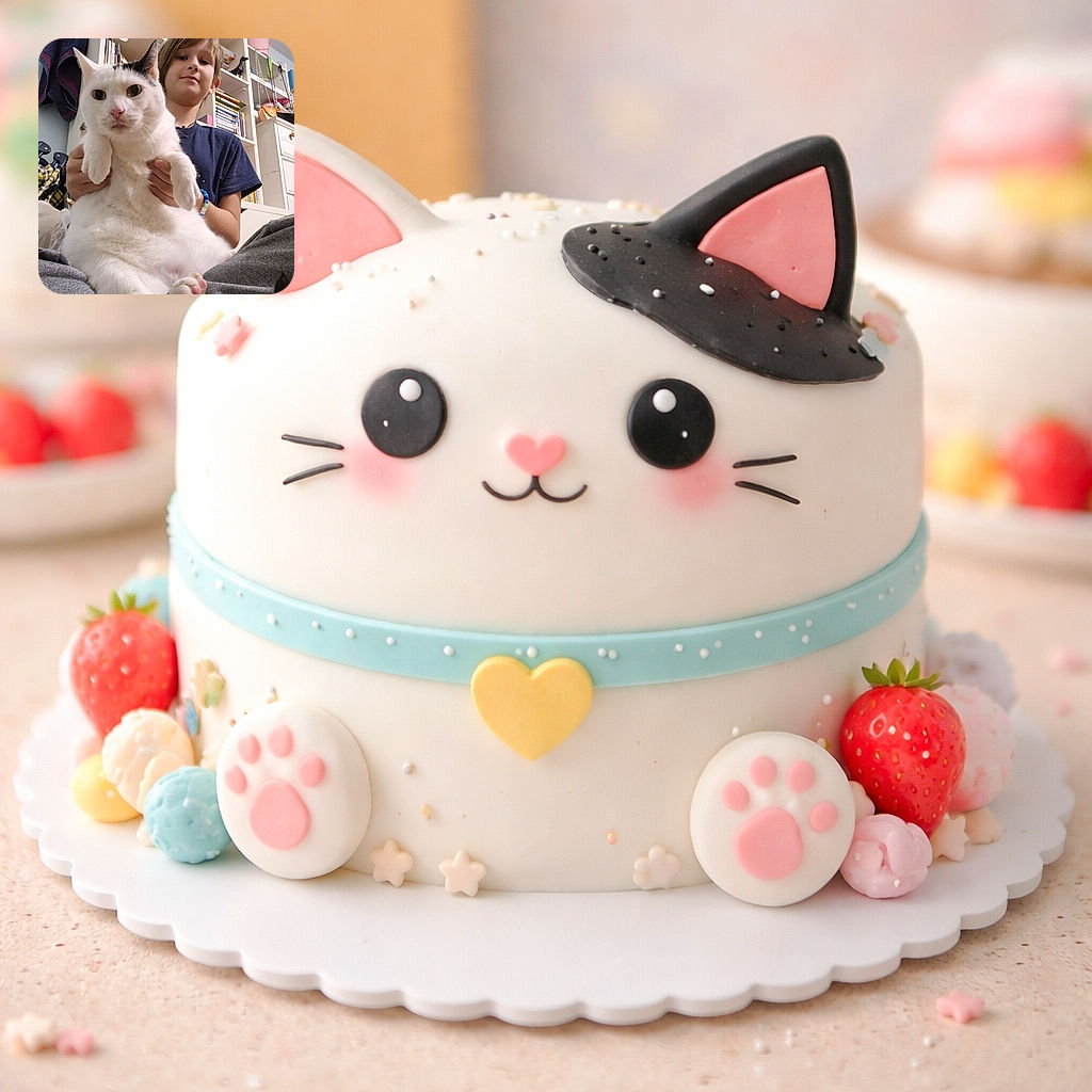 A young child holds a large white cat with black markings close to the camera, making the cat appear comically oversized. The background shows a cozy room with shelves filled with books and various items, adding a homey touch to the scene. The cat looks calm and curious, while the child smiles gently, capturing a sweet moment of companionship.