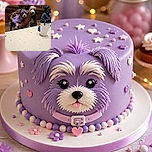 A person proudly cradles a tiny purple-styled dog while a fluffy black-and-white dog photobombs from behind, both seemingly convinced they are the evening’s VIP guests. A hooded bystander, phone, cup, and restaurant table complete this wonderfully chaotic group portrait.