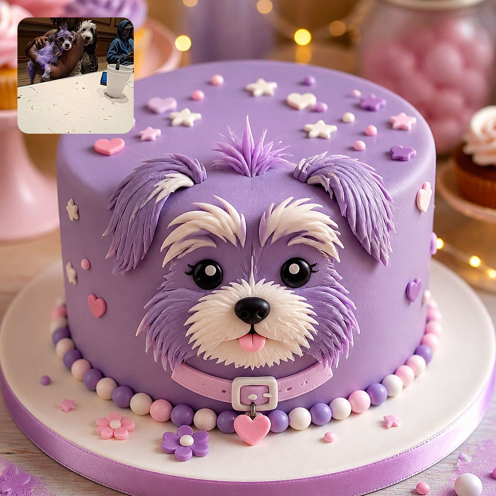 A person proudly cradles a tiny purple-styled dog while a fluffy black-and-white dog photobombs from behind, both seemingly convinced they are the evening’s VIP guests. A hooded bystander, phone, cup, and restaurant table complete this wonderfully chaotic group portrait.