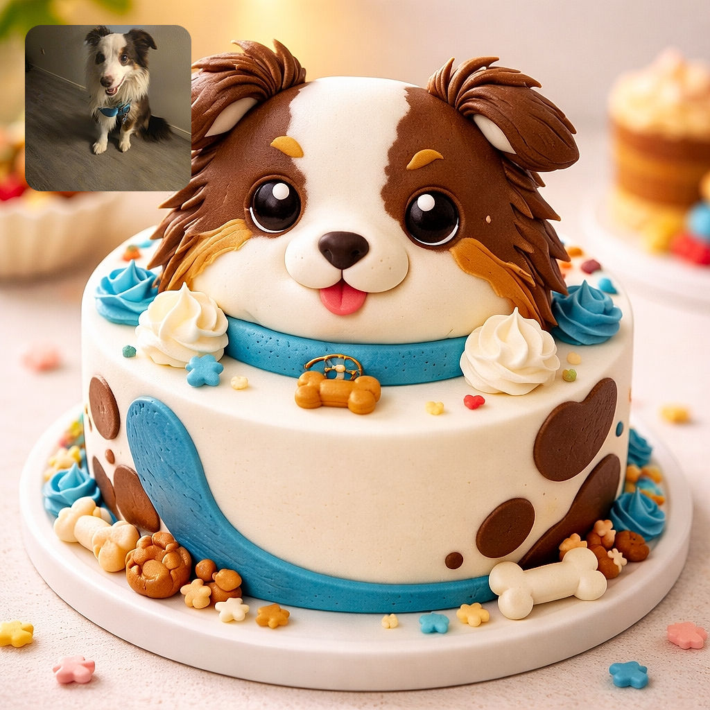 A goofy, smiling dog in a blue harness sits by the wall like it just told a joke — mottled brown-and-white fur, perky ears, and a waggy tail with a proud little ID tag. The lighting is warm and a bit soft, giving this pup a cozy, slightly dreamy portrait vibe.