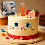 A curious cream-colored cat with striking blue eyes sits elegantly on a lace doily atop a dark table, surrounded by a small candle, a notebook, and a pen, all set in a softly blurred kitchen background.