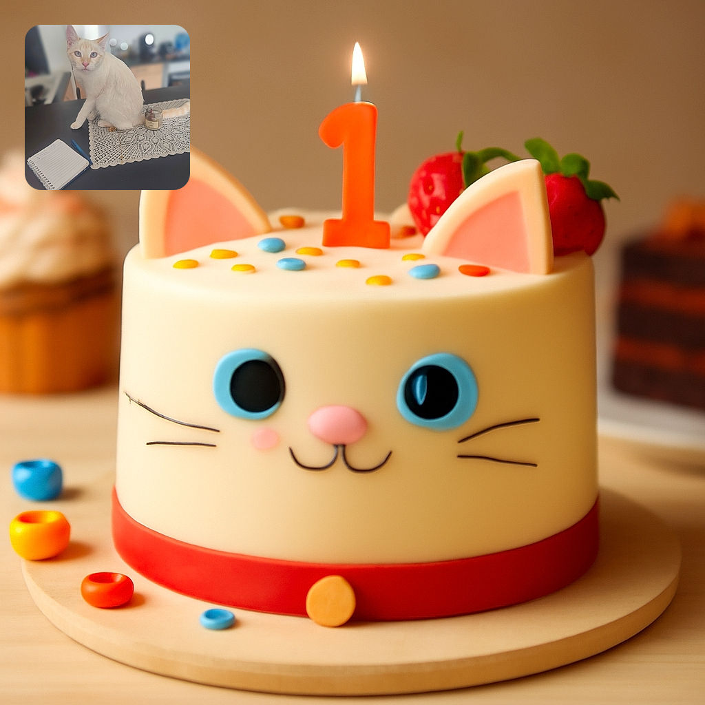 A curious cream-colored cat with striking blue eyes sits elegantly on a lace doily atop a dark table, surrounded by a small candle, a notebook, and a pen, all set in a softly blurred kitchen background.