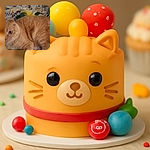 A curious light orange cat with big round eyes lies on a colorful patterned blanket, looking directly at the camera with a slightly tilted head, giving off an adorable and inquisitive vibe.