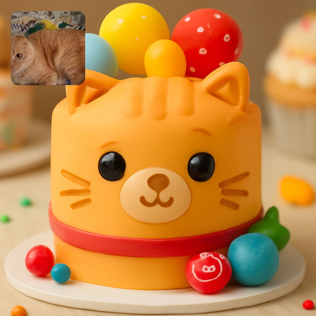A curious light orange cat with big round eyes lies on a colorful patterned blanket, looking directly at the camera with a slightly tilted head, giving off an adorable and inquisitive vibe.
