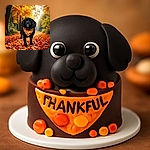 A charming black dog wearing a festive orange Thanksgiving bandana stands amidst a vibrant autumn forest path blanketed with colorful fallen leaves, basking in the warm glow of golden sunlight filtering through the trees.