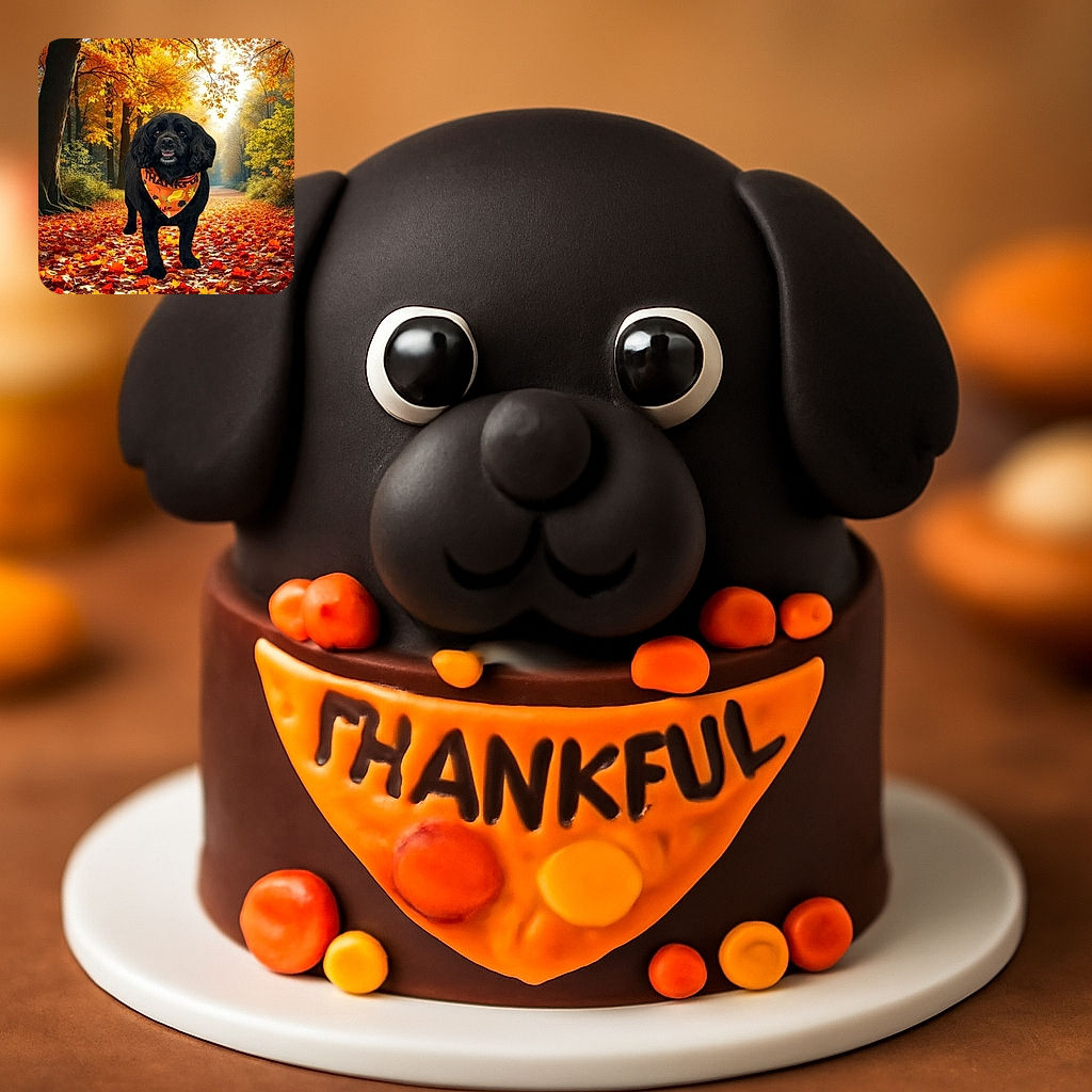A charming black dog wearing a festive orange Thanksgiving bandana stands amidst a vibrant autumn forest path blanketed with colorful fallen leaves, basking in the warm glow of golden sunlight filtering through the trees.