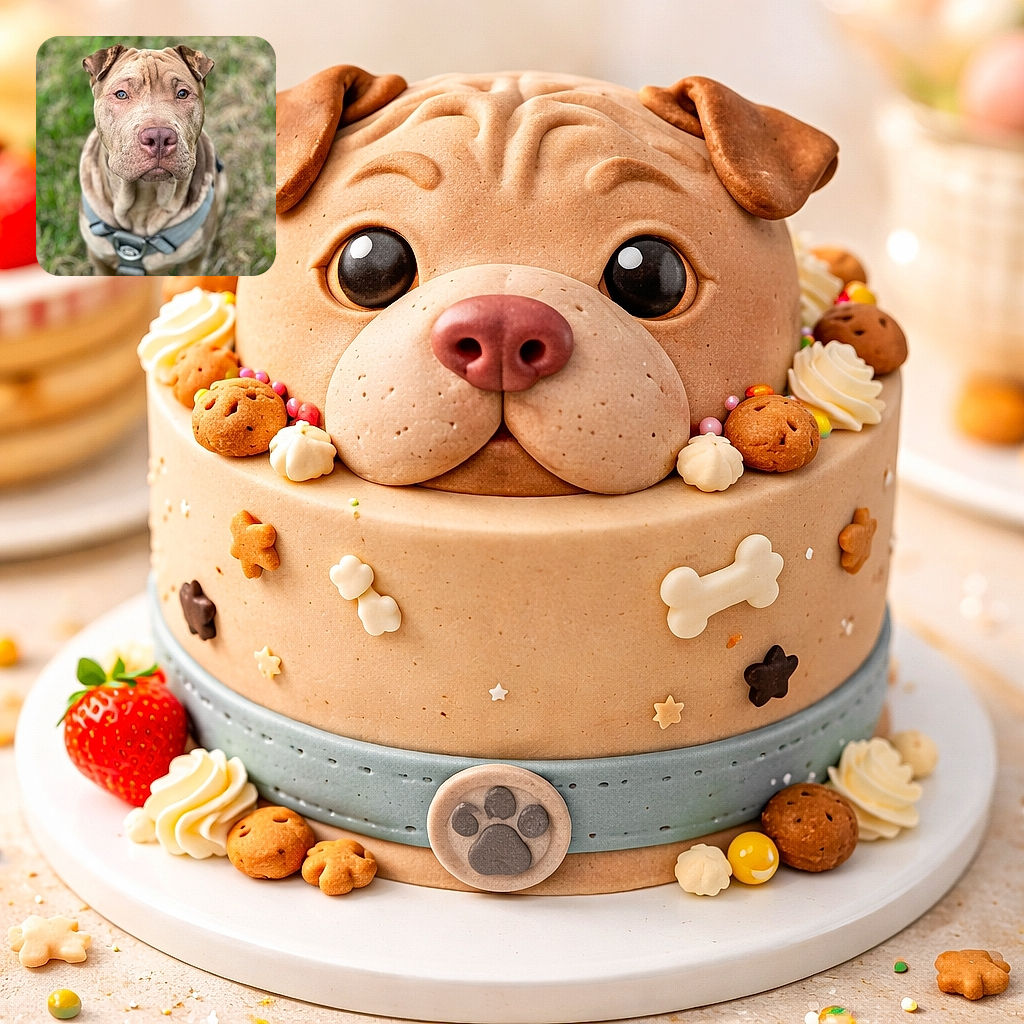 A wrinkly, soulful pit bull stares straight into the camera with a pink nose front-and-center, tiny tear near one eye and a sturdy harness visible below — the grassy background melts into a soft bokeh so all attention is on that earnest expression.