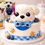 A fluffy white dog with big, expressive eyes is dressed to impress in a blue harness and a matching paw-print bow tie, sitting on a person's lap who sports a bright pink shirt and a heart-shaped necklace with a paw charm.