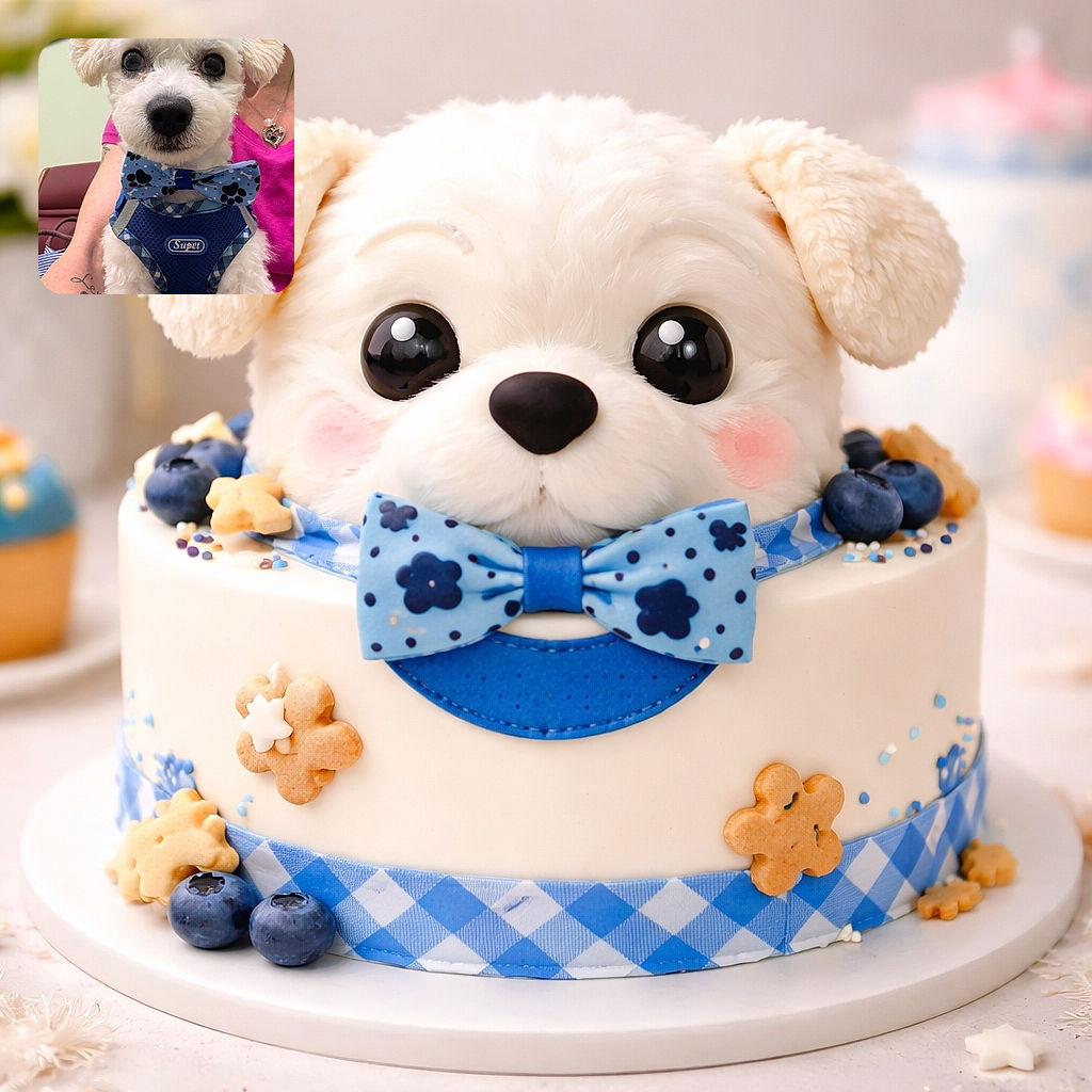 A fluffy white dog with big, expressive eyes is dressed to impress in a blue harness and a matching paw-print bow tie, sitting on a person's lap who sports a bright pink shirt and a heart-shaped necklace with a paw charm.