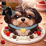 A sleepy little pup lounges on a blanket in dim, cozy lighting while a tiny plush chicken watches from atop a wooden dresser — cinematic shadows, tousled fur, and an expression that says "five more minutes."