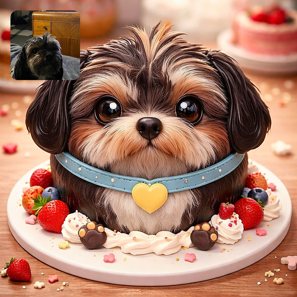 A sleepy little pup lounges on a blanket in dim, cozy lighting while a tiny plush chicken watches from atop a wooden dresser — cinematic shadows, tousled fur, and an expression that says "five more minutes."