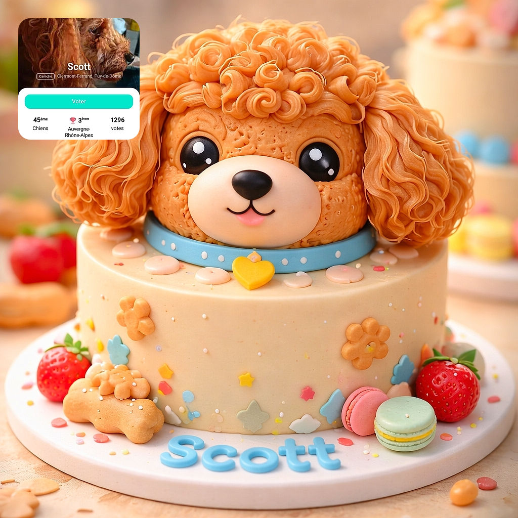A close-up photo of a curly-haired dog named Scott, shown in profile with a cozy indoor background. The photo is part of a voting app screen with various text overlays including voting details and rankings.