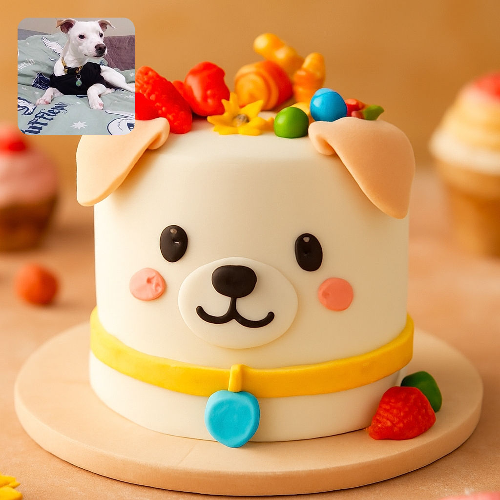 A cute white dog with a black shirt lounges on a green bedspread decorated with whimsical illustrations and text, looking off to the side with a calm and curious expression.