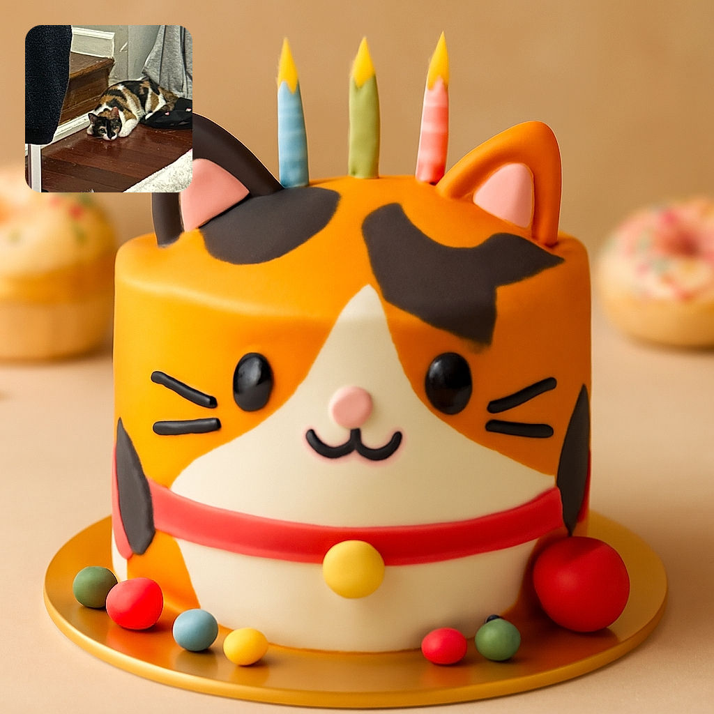 A calico cat lies comfortably on a wooden floor near a staircase corner, with a cozy indoor setting including a carpet, a hanging garment, and a fluffy toy nearby.