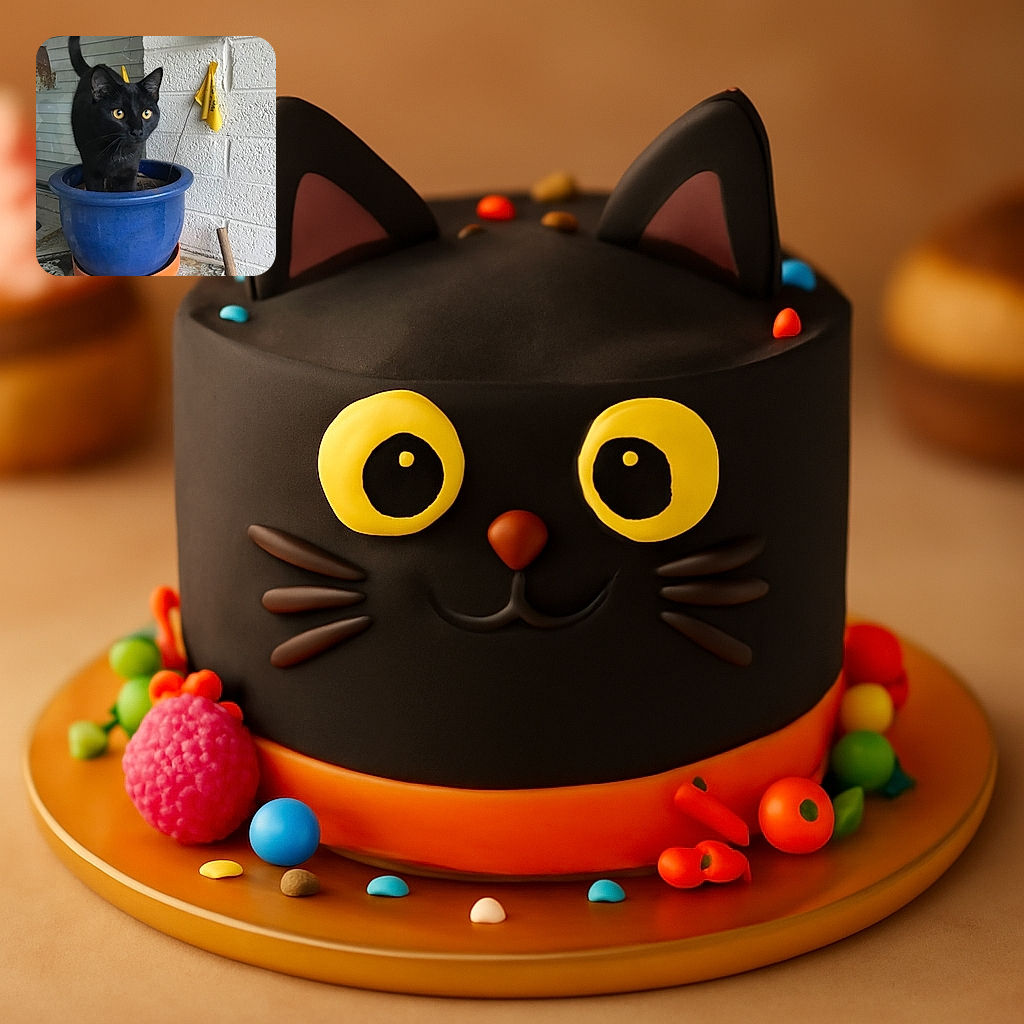 A curious black cat with bright yellow eyes is perched inside a blue flower pot, looking intently at something off-camera. The scene is set against a textured white wall with a yellow flag hanging, and the cat's tail is raised high, adding a playful vibe to this quirky indoor garden moment.