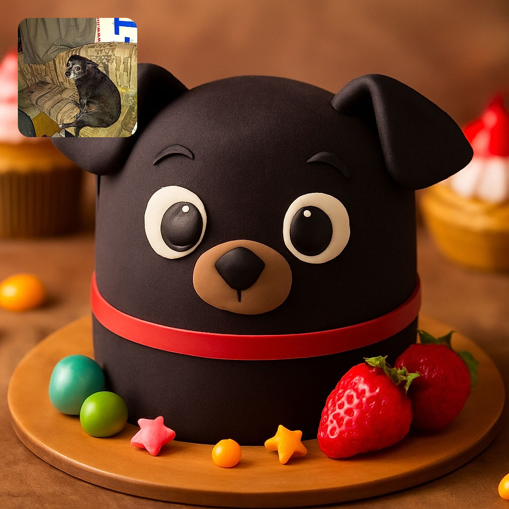 A small black dog with a touch of gray sits awkwardly on a worn, patterned couch, giving a side-eye glance as if caught mid-plot in a cozy, cluttered living room scene.