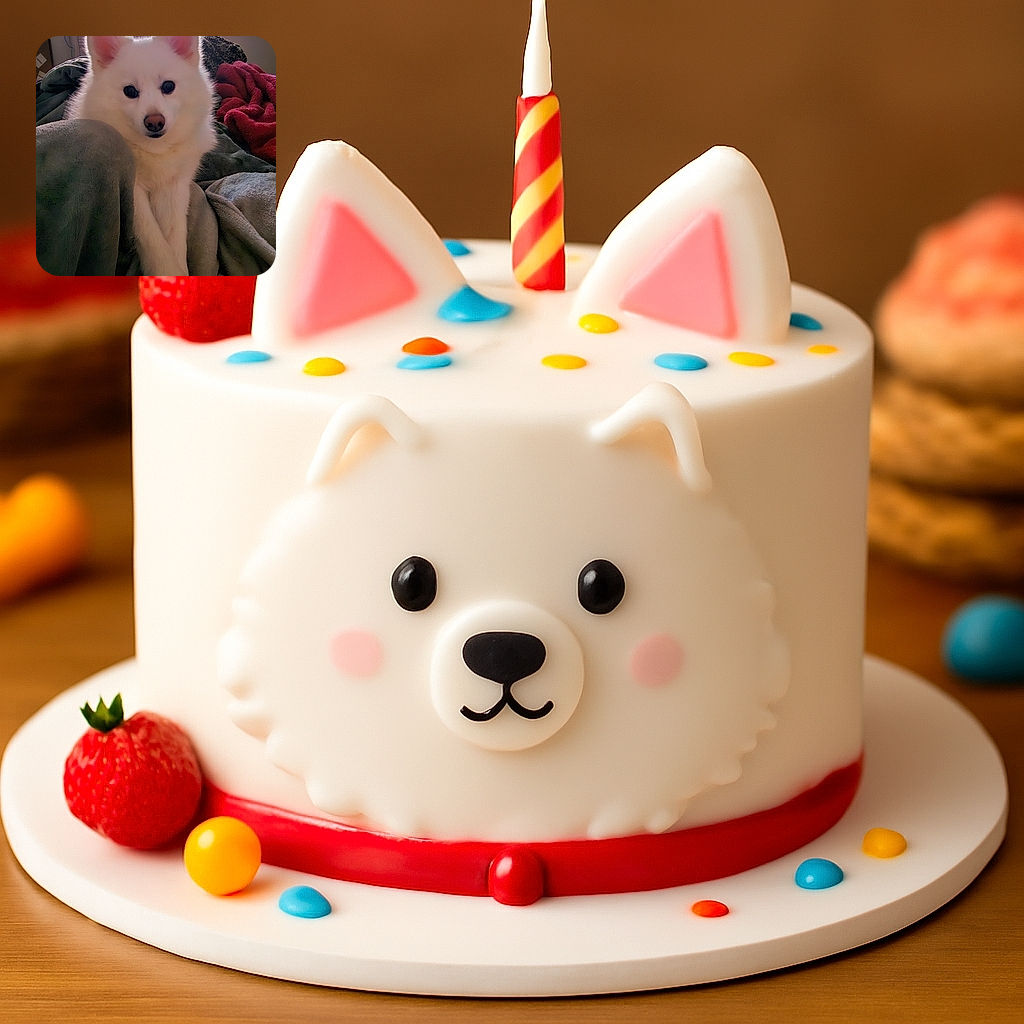 A fluffy white dog lounges comfortably on a pile of cozy blankets with a colorful animated show playing on a TV in the background, creating a warm and relaxed atmosphere.