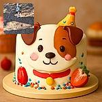 A small dog with white and brown fur looks up with a curious expression, standing on a rocky dirt ground with shadows cast around. The green leash adds a pop of color and hints at an outdoor walk adventure.